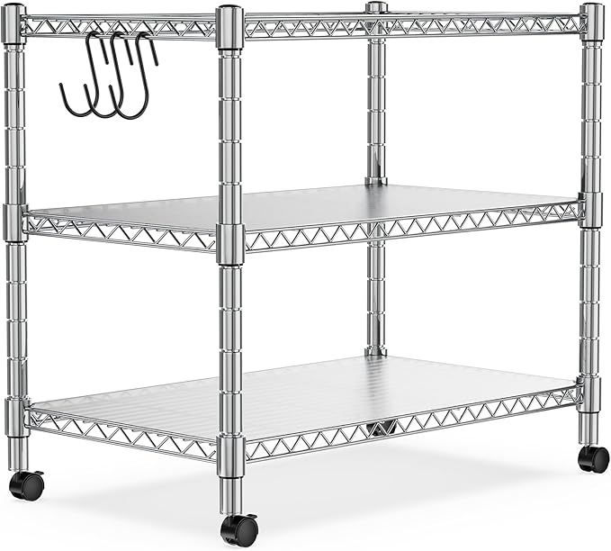Heavy Duty 3-Shelf Shelving Unit, 24.02" W x 13.78" D x 21.97" H Chrome Steel Storage Rack with Wheels, 2 PP Shelf Liners and Hooks, Adjustable Under Desk Organizer for Kitchen, Office, Garage