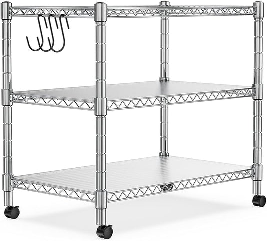 Heavy Duty 3-Shelf Shelving Unit, 24.02" W x 13.78" D x 21.97" H Chrome Steel Storage Rack with Wheels, 2 PP Shelf Liners and Hooks, Adjustable Under Desk Organizer for Kitchen, Office, Garage