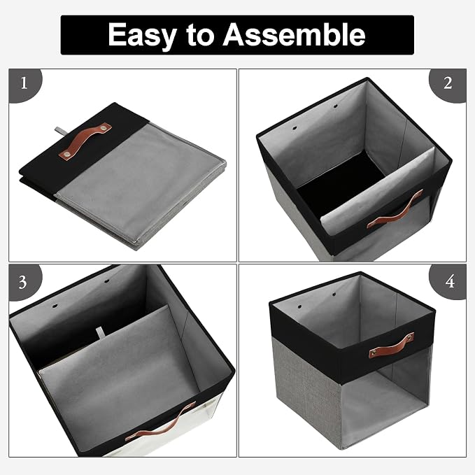 Storage Cubes, 4 Pack Linen Foldable Storage Bins with Clear Window and 2 Handles, 13x15x13 Storage Cube Bins for Shelf Closet, Kallax, Clothes, Books - (Gray / Black)