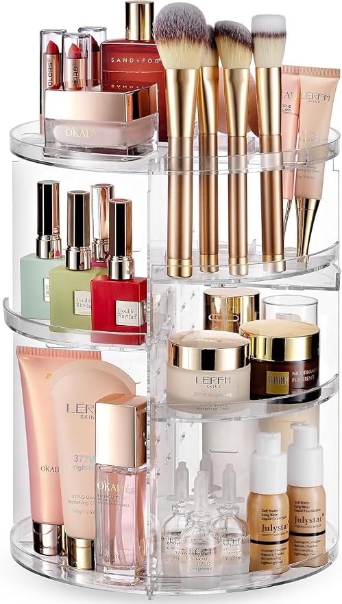 Masirs 360 Rotating Makeup Organizer Countertop, Adjustable Shelf, Clear | 360-Degree Rotating Makeup Organizer, Adjustable Shelf Height, Cosmetic Perfume Skincare Storage, Vanity Countertop, Clear