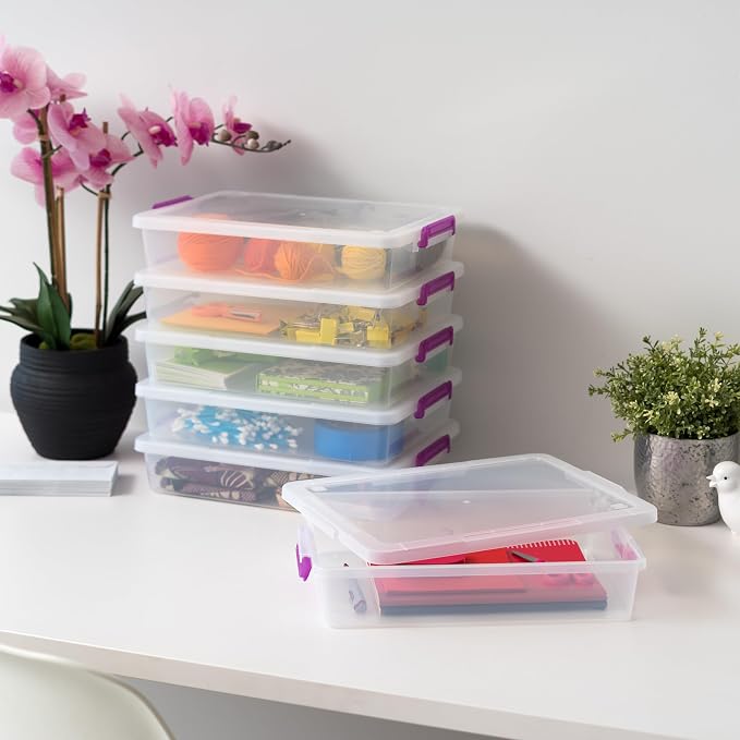 IRIS USA Storage Bins with Lids |Made in USA| 6 Qt - (6-Pack) - Clear | Plastic Containers for Crafts, Art, Office & Study Supplies / Secure Latch Buckles