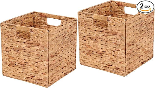 Water Hyacinth Storage Baskets 11x11x11 Inch Wicker Storage Cubes Set of 2 | Handwoven Foldable Wicker Cubes with Sturdy Handles, Rustic Laundry Organizer for Bedroom Shelves, Kitchen, Bathroom