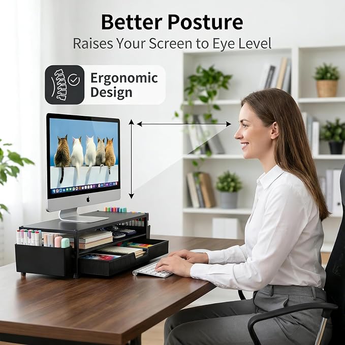 ECOLOVI Desk Organizer and Accessories, 2-Tier Computer Monitor Stand Rise with Storage Drawer & 2 Pen Holders, Laptop & Printer Stand for Desktop, Workspace Organizers for Office Supplies (Black 2-Pack))
