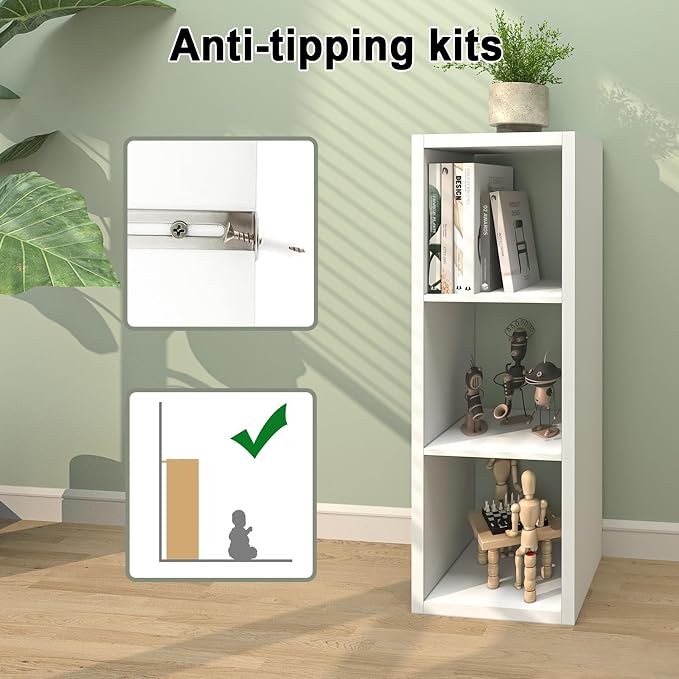 CTESNE【2026 Wooden Thick Frame 3 Cube Storage Organizer Shelf with Anti-Tipping Kits + Reversible Open Back Bookcase, Horizontal and Vertical Dual-use（White,11inch）