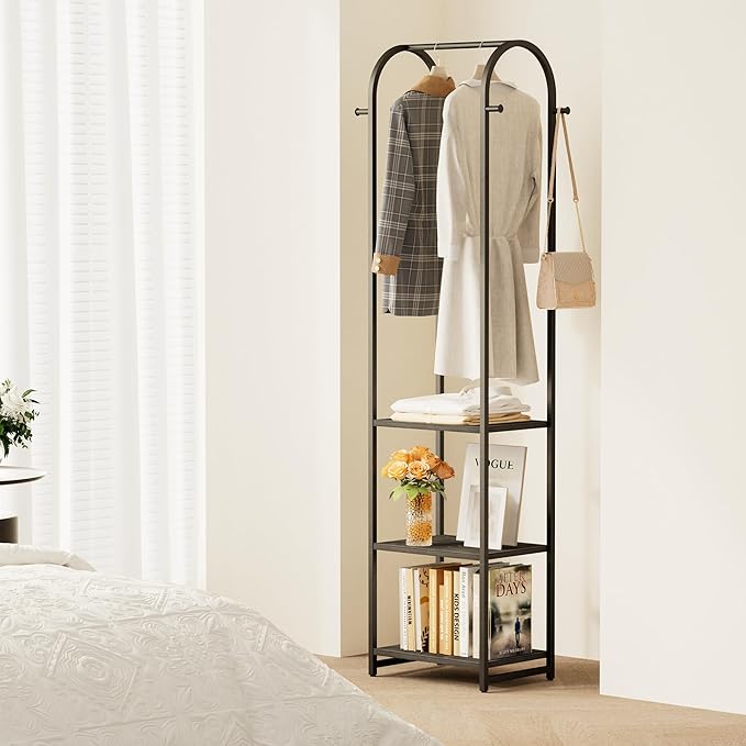 Garment Rack, Coat Rack with 3 Shelves and 4 Hooks, 71" H Clothes Stand for Hanging Clothes, Hanging Rod for for Bedroom, Hallway, Entryway, Office, Living Room, Black