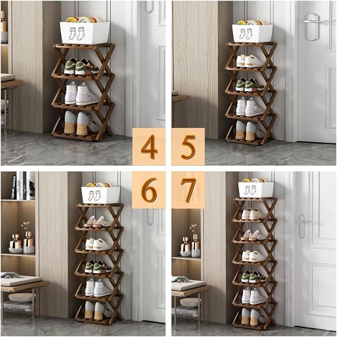 7 Tier Foldable Shoe Rack, Bamboo Vertical Shoe Organizer Tall for Multifunctional Narrow Shoe Shelf for Entryway, Closet, Corner, Bedroom, Hallway(Brown)