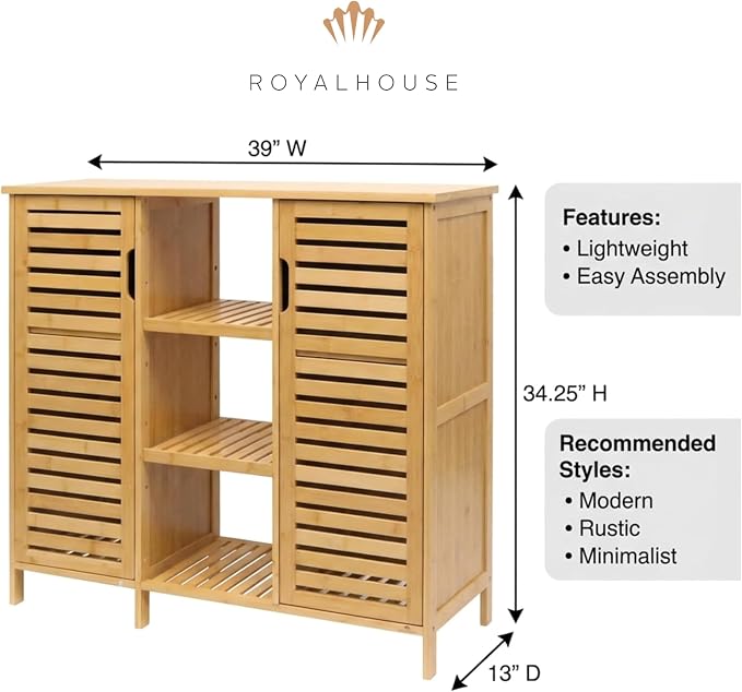 RoyalHouse Bamboo Floor Cabinet with 2 Shutter Doors and 3 Open Shelves, Freestanding Organizer for Bathroom, Kitchen, Living Room, Eco-Friendly and Durable, Brown