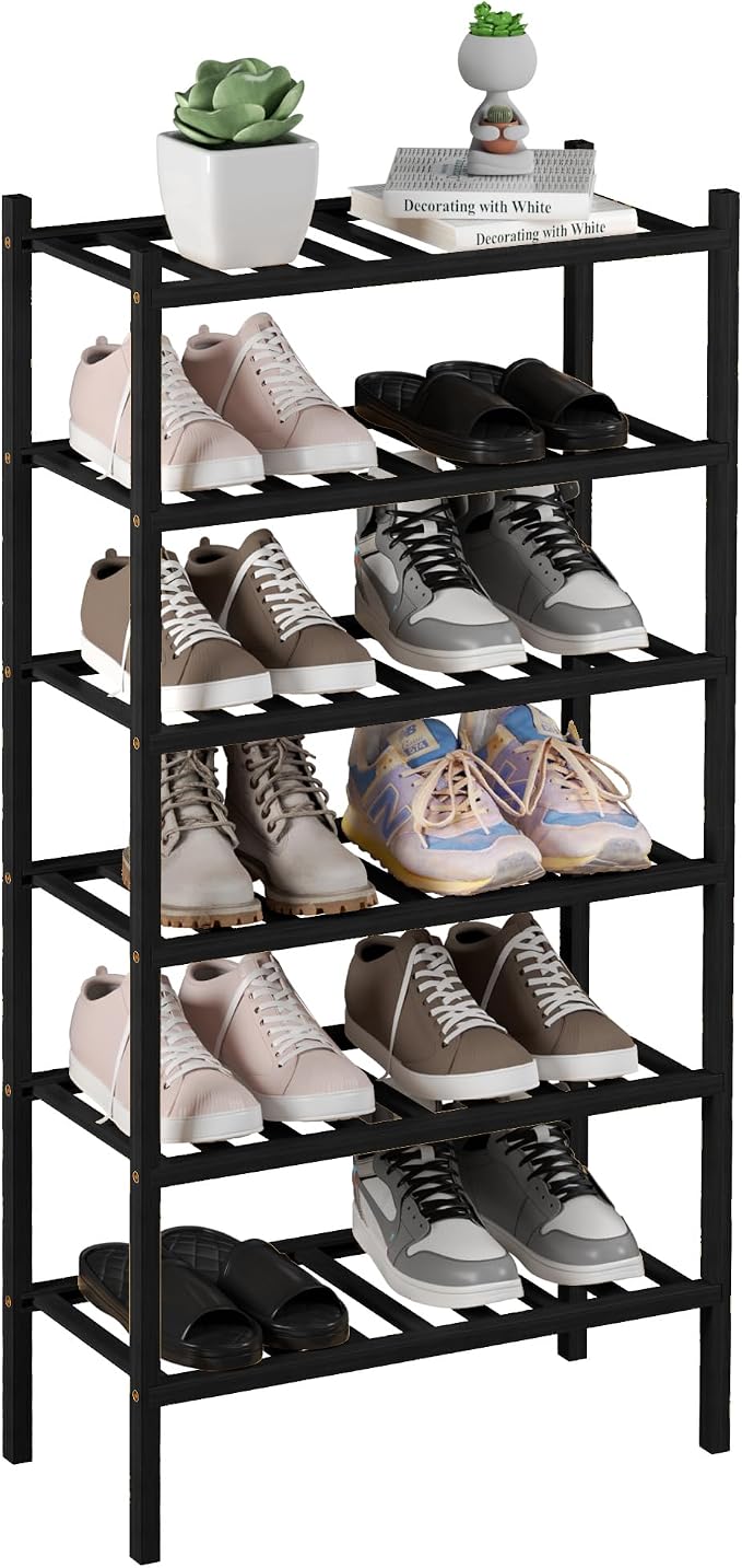 ROMGUAR CRAFT 6-Tier Bamboo Small Shoe Rack, Free Standing Wood Shoe Shelf Storage Organizer for Closet Entryway Stackable (Black)