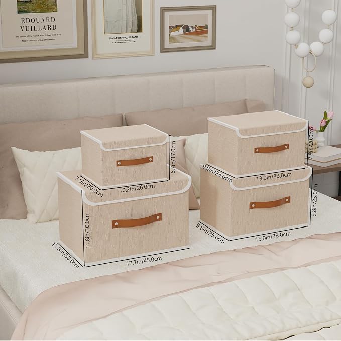 Yawinhe Collapsible Storage Boxes,Beige,10.2x7.9x6.7in,1-Pack | Fabric Storage bin with Lids, Washable Cube Organizer Basket; Container with Leather Handle,Closet Organizer for Home