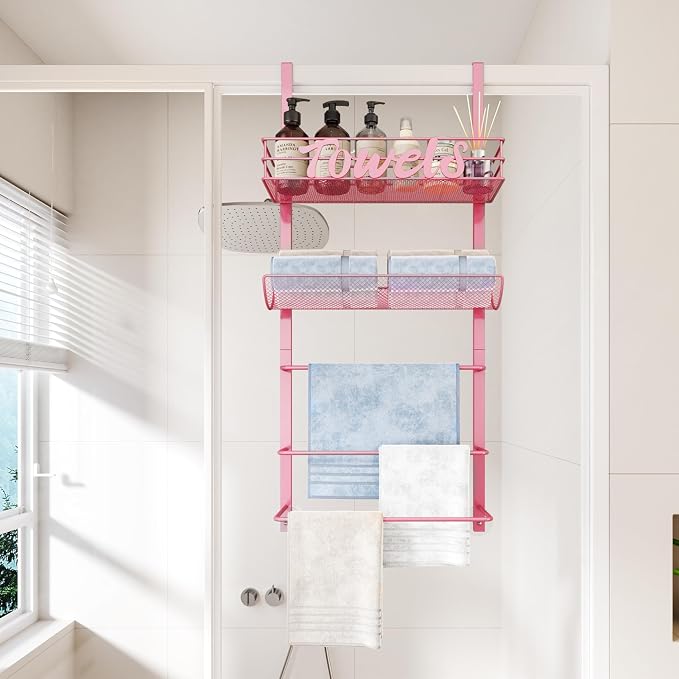 SWTYMIKI SWTYMIKI Over the Door Towel Racks for Bathroom - 5-Tier Wall Mounted Bathroom Towel Storage Organizer Holder with Metal Shelf, Pink