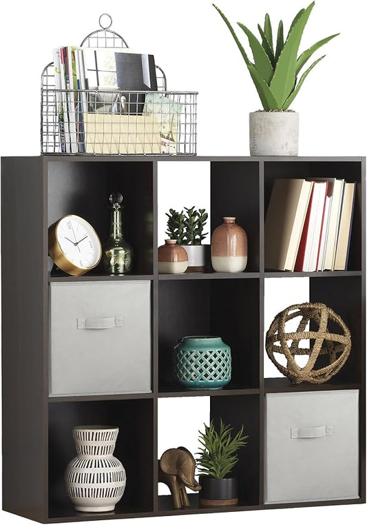 Whitmor 9 Cube Storage Organizer, 3 Tier Stackable Mdf Wood Bookcase, Open Storage Display Bookshelf, Storage Cabinet for Living Room, Bedroom, Home, Office, 35.5"L x 11.7"W x 35.5"H, Espresso