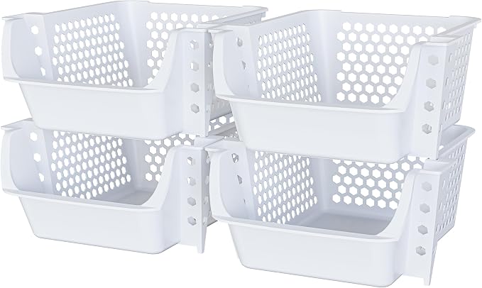 Skywin Stackable Storage Bins Open Front for Pantry Storage, 4 Pack - White | Sturdy Plastic, Easy Stacking, Breathable & Open Front Design, Pantry Storage for Snacks, Toiletries, and Small Essentials