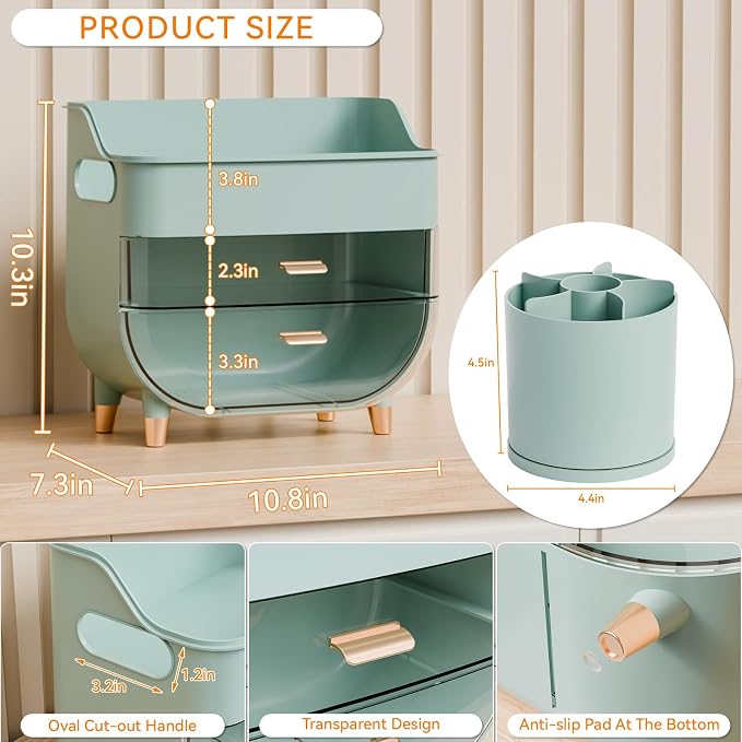 Green Make up Organizer for Countertop,Vanity,Large Capacity Bathroom Makeup Skincare Organizers With Brush Holder,Makeup Storage Organizer for Lotion,Beauty Products,Skin Care,Makeup Display