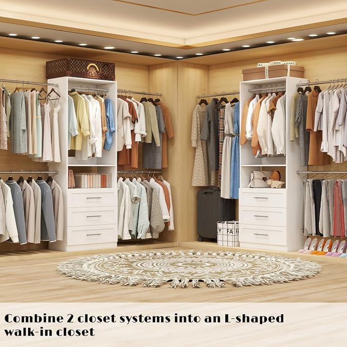 Closet System with Drawers, closet organizer system,2 Sets 4-15FT | 6 Wooden Drawers Storage, 10 Expandable Hanging Rods,Wall Mount, White