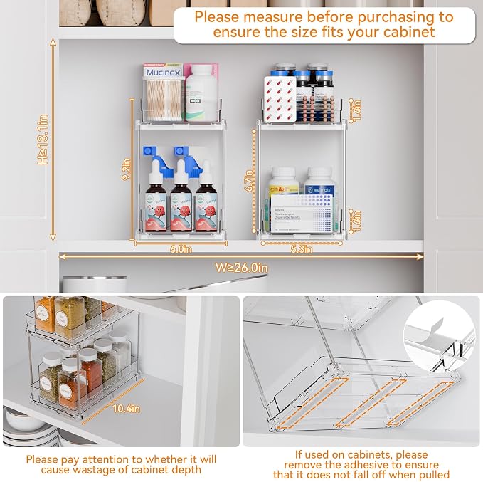 2 Tier Pull Out Cabinet Organizer and Medicine Cabinet Storage for Supplement,Vitamin,Medication and Pill Bottle,10.4" Deep Pantry Organizers Drawer,Under Sink Organizer for Bathroom,Cupboard