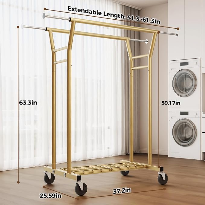 HYSEYY Heavy Duty Clothes Rack, Rolling Clothing Rack for Hanging Clothes with Shelves Load 700LBS,Portable Garment Wardrobe Closet Rack with Wheels for Bedroom,Laundry Room,Retail Store(Gold)