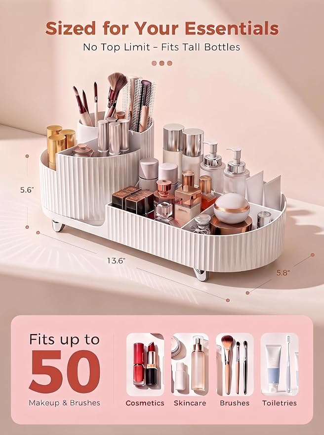 Booklov Rotating Makeup Organizer for Vanity Countertop, White | Plastic Cosmetic Display Case, Large Beauty Brush Holder for Bathroom Counter, Skin Care Perfumes Storage