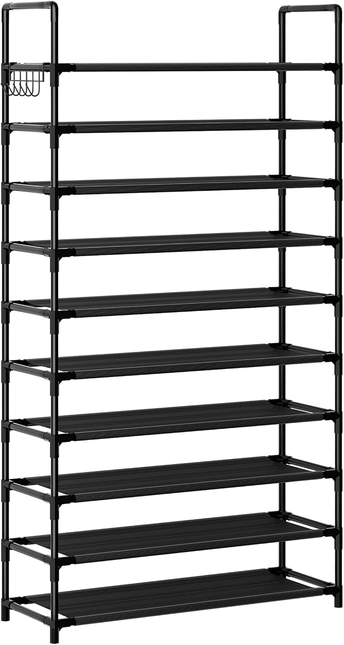 Shoe Rack, 10 Tier Shoe Storage Organizer with Hooks,Fit 40-45 Pairs Shoes,Nonwoven Fabric Tall Shoe Shelf for Closet,Entryway, Hallway,Garage,Bedroom,Cloakroom