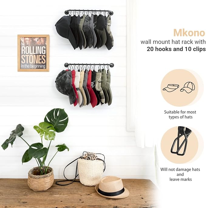 Mkono Hat Organizer Hat Rack for Wall Storage Holder with 20 Hooks Set of 2 | Hanging for 20 Caps, Adjustable Hooks, Space-Saving, Holds Baseball Scarves Belts Bags, Closet Door Bedroom Entryroom Laundry