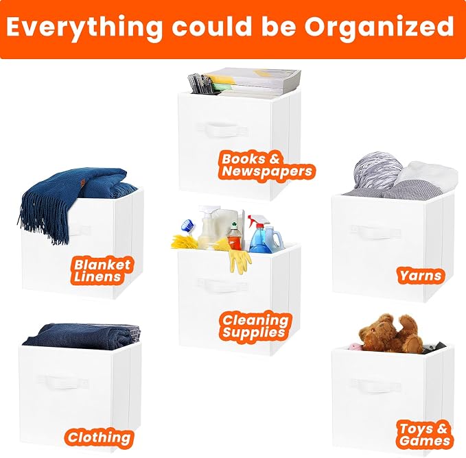 Criusia Storage Cubes, 11 Inch Cube Storage Bins for Shelves Closet Nursery Bedroom - 10 Pack Collapsible Baskets with Handles - Fabric Bins for Organizing Magazines Clothes Blanket Toys (White)
