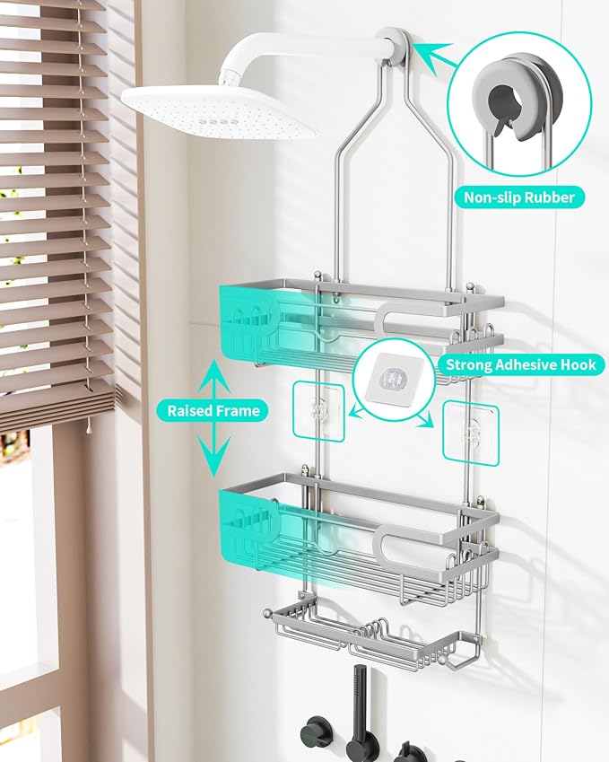 HapiRm Bathroom Hanging Shower Caddy - Rustproof Shower Shelf with 12 Hooks and 2 Soap Holders, No Drilling Bathroom Organizers and Storage - Silver