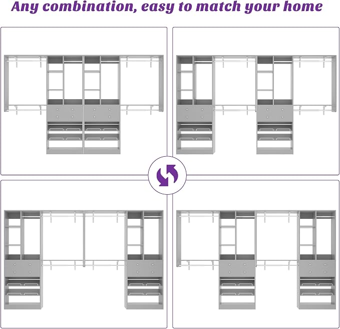 [10 FT Closet System] 120 Inch Reversible Set of 2 Wood Closet Organizer System with 4 Drawers, 6 Hanging Rods Adjustable Shelf, Shoe Rack, Morandi Grey