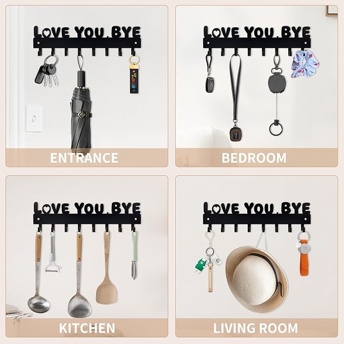 Key Holder for Wall, Key Hooks with 8 Hooks, Key Holder Wall Mount Self Adhesive, Key Rack for Wall No Drill for Entryway, Front Door, Hallway, Living Room (Black-Love You Bye)