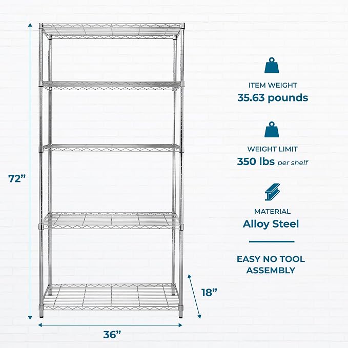 Honey-Can-Do 5-Tier Rolling Chrome Wire Shelf, NSF, 350 lb/Shelf, 36x18x72 | 1,750 lb total on locking casters; NSF-certified for commercial kitchens; add liners to keep small items from tipping
