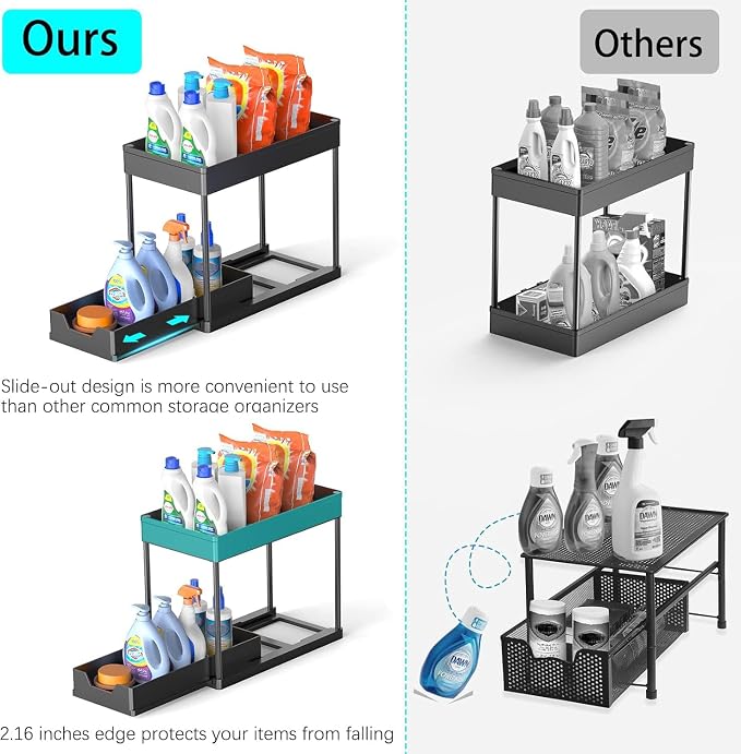 2 Pack black Under Sink Organizers and Storage, 2-Tier Sliding Cabinet Basket Organizer with Hooks, Multi-Purpose Under Sink Organizers and Storage for Bathroom Kitchen