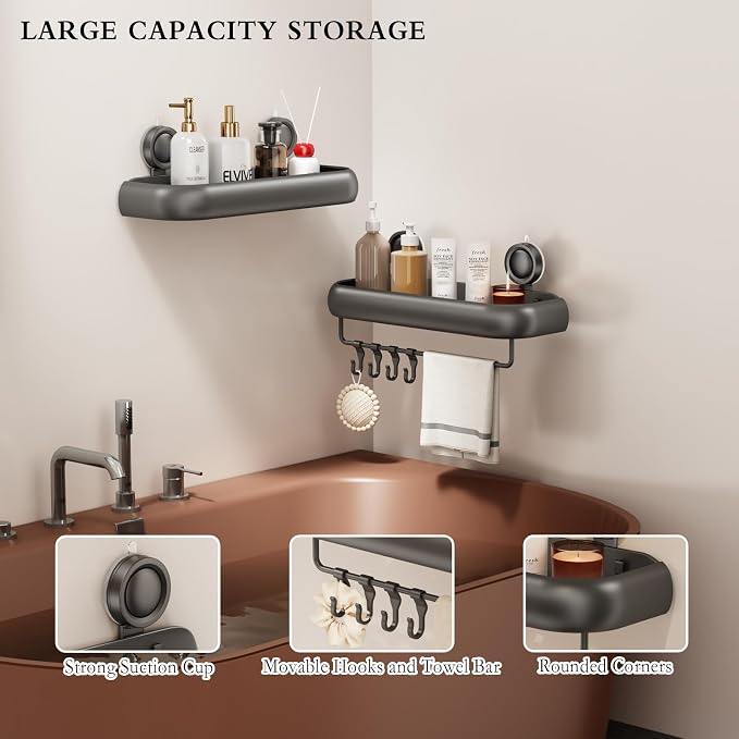 CICUFY Shower Caddy Suction Cup, 2 Pack No Drilling Corner Shower Shelves, Rust Proof Bathroom Storage Organizer, Shower Corner Caddy with Removable Hooks and Towel Bar, Square, Grey