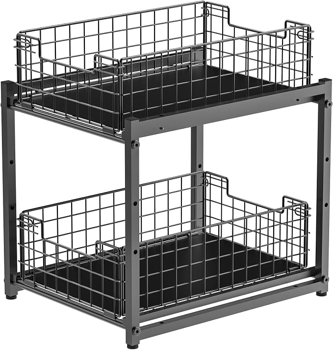 Under Sink Organizer, 2-Tier Pull Out Cabinet Organizer, Kitchen Bathroom Organizer and Storage, Spice Rack for Kitchen, Multi-use Sliding Drawers Shelves (1, Black)