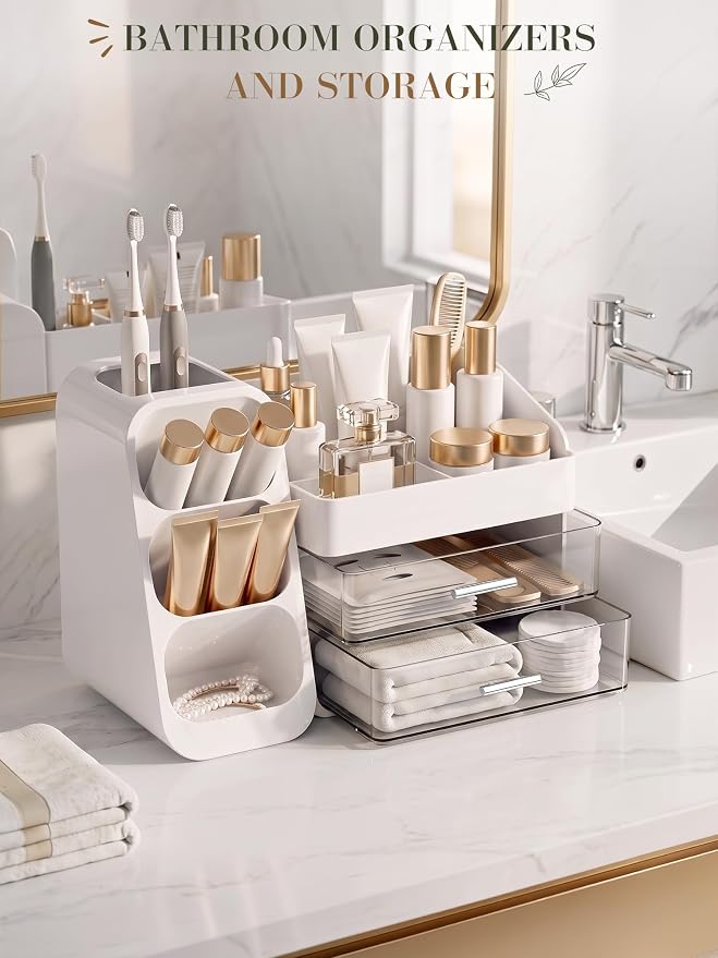 Makeup Organizer for Vanity - Large Skincare Organizers Countertop, Cosmetic Organizer with Brush Holder and 2 Drawer, Makeup Storage for Lipsticks, Nail Polishes, Eyeshadow Palettes, White