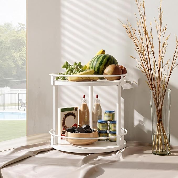 YATINEY Lazy Susan Organizer, Rotating Spice Rack, 2 Tier Spice Turntable Organizer, Industrial Turntable Spice Holder, for Kitchen Countertop, Compact and Versatile, White SR22WW