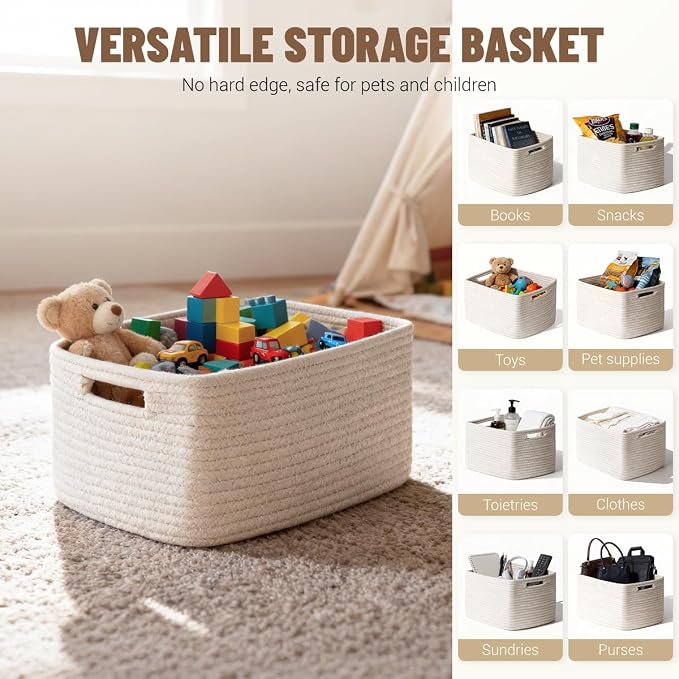 5 Pack White Woven Storage Baskets for Shelves, Decorative Basket Organizer Storage Bins for Toys, Books, Clothes, Closet, Nursery, Bathroom – Cotton Rope Shelf Baskets for Organizing and Decor