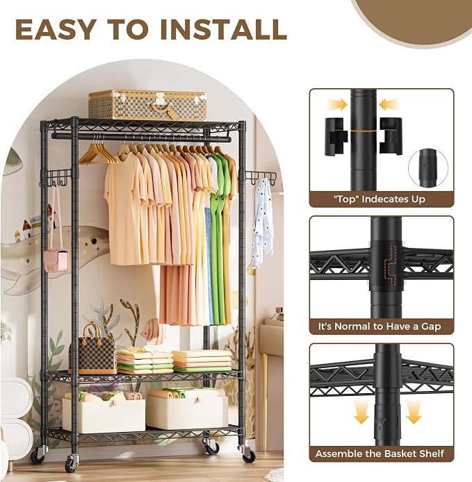 Golpart Heavy Duty Rolling Clothes Rack Wheels Portable Metal Garment Rack | Wardrobe Adjustable Wire Shelving Metal Double Clothing Racks for Hanging Clothes Organizer Closet Laundry Room Organization