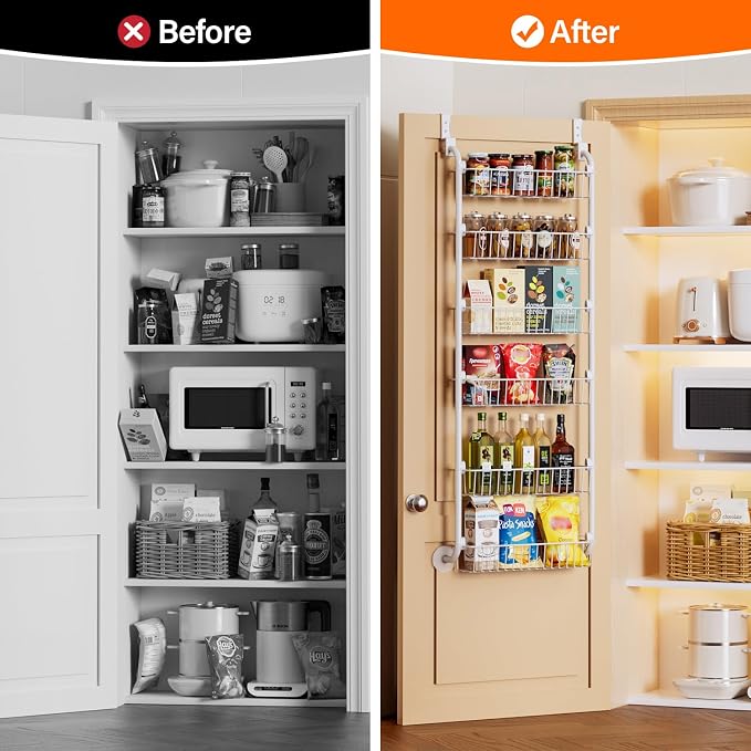 Delamu Over the Door Pantry Organizer, 6-Tier Pantry Organizers and Storage, Metal Cabinet Door Organizer, Hanging Spice Rack Shelves for Home & Kitchen, D5 x W18 x H50 inch, White