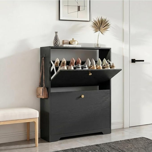 Nicetree Shoe Cabinet with 2 Flip Drawers, Entryway Shoes Organizer, Black | Narrow Shoe Organizer, Freestanding Shoe Rack Cabinet, Modern Shoe Storage Cabinet for Entryway, Hallway, Foyer, With Hook
