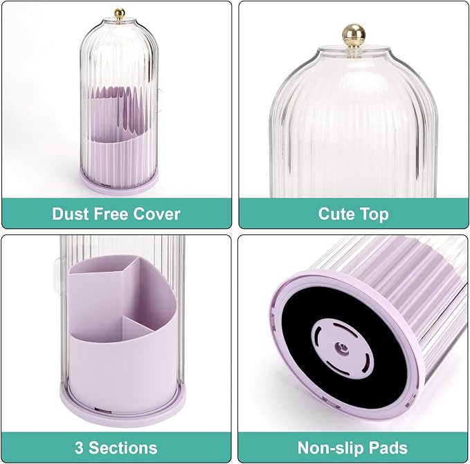 QIYVLOS Toothbrush Holders with Sliding Lid, Rotating 3 Slots Bathroom Organizer Countertop, Tooth Brush Toothpaste Holder Bathroom Counter Stand Sink Organizer for Makeup Brushes Holder (Purple)