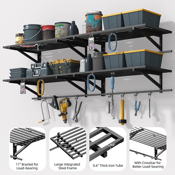 2-Pack 2x4ft Garage Shelving Wall Mounted, 500LBS with 12 Hooks | Garage Storage Shelves, Floating Design, Heavy Duty, Large Capacity, Sturdy Construction, Space Saving, Easy Install
