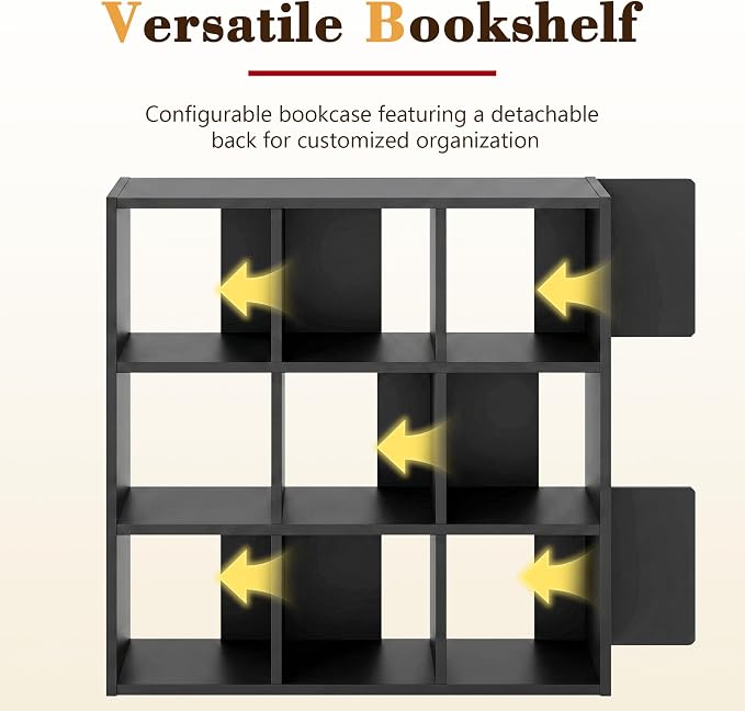 9 Cube Storage Organizer, Black Cube Bookshelf, Multifunctional Bookcase | Open Cube Bookshelf with Removable Back Panels, Vertical or Horizontal Easy Assembly for Home Office Bedroom Living Room