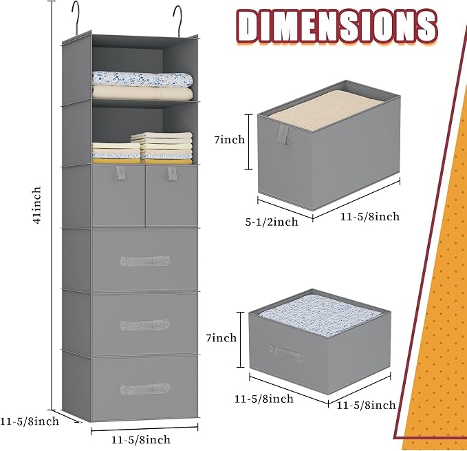6-Shelf Hanging Closet Organizer with 5 Drawers, Non-Woven Storage, Gray | Spacious compartments sort clothes & undergarments; foldable drawers add hidden storage for closets, wardrobes or RVs.