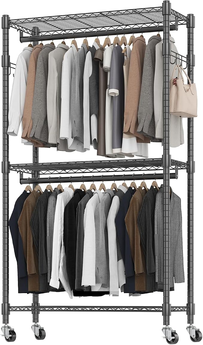 BATHWA Rolling Tall Garment Rack with 2 Rods & 3-Tier Adjustable Shelves, 35.5" W x 16.5" D x 80.7" H, Heavy Duty Clothes Hanging Racks Portable Wardrobe Closet Organizer for Bedroom, Laundry, Black