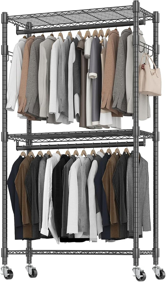 BATHWA Rolling Tall Garment Rack with 2 Rods & 3-Tier Adjustable Shelves, 35.5" W x 16.5" D x 80.7" H, Heavy Duty Clothes Hanging Racks Portable Wardrobe Closet Organizer for Bedroom, Laundry, Black