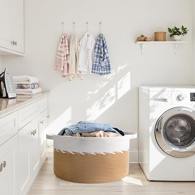 OIAHOMY 90L Extra Large Blanket Basket - Decorative Cotton Rope Storage Basket for Bedroom, Living Room & Nursery - Woven Laundry Hamper for Organizing Blankets, Clothes & Toys - Yellow & White