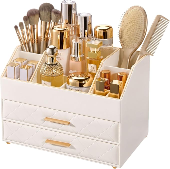 Lolalet 3-Layer PU Leather Makeup Organizer for Cosmetic Vanity -Beige | Large Bedroom Dsek Countertop Cosmetic Organizer with Brush Holder, Skincare Storage for Lipsticks, Nail Polish, Perfume