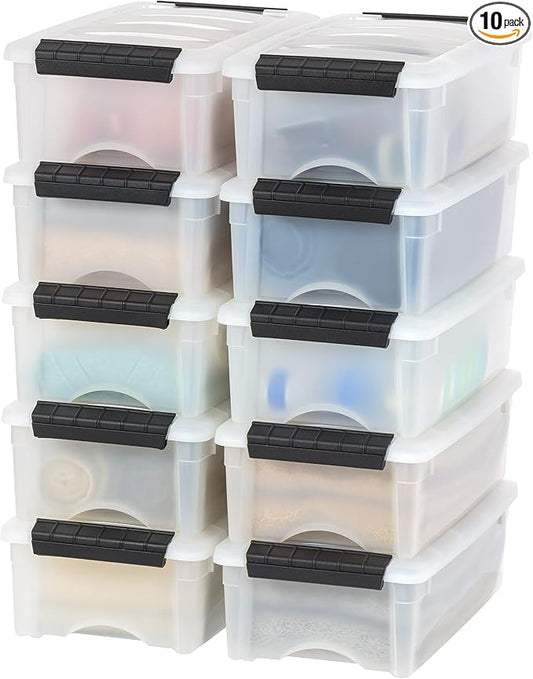 IRIS USA 10-Pack 6 Quart Storage Bins with Lids, Pearl | Conceals contents for a clean look. Ideal for shoes, photos, documents, and small essentials. Nestable design saves space