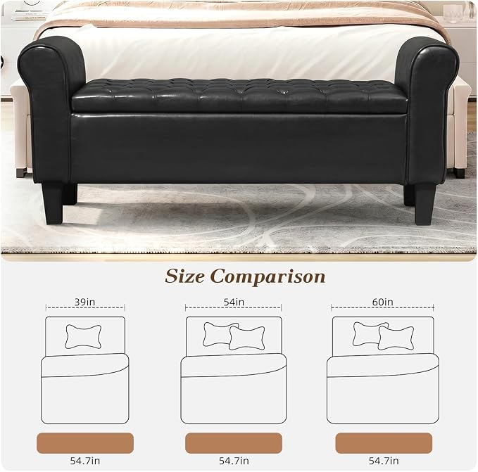 55" Storage Ottoman Bench for Living Room, End of Bed Bench with Rolled Arm Leather Ottoman with Storage Upholstered Entryway Bench Retro Style Footboard Bench for Bedroom, Black