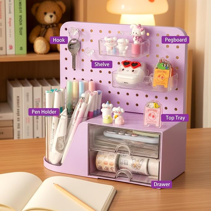 Comix Desk Organizer with 2 Drawer, Purple 360 Rotating Pen Holder for Desk | Desk Organizers and Accessories with 5 Slots Pencil Holder+Pegboard+Drawer, Pen Organizer for Home School Art Office Supplies