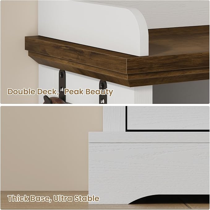 Farmhouse Shoe Cabinet with 2 Flip Drawers & Open Storage, 31.5" W White | Freestanding shoe cabinet with flip drawers ,white design and space-saving storage for entryway,foyer & hallway.
