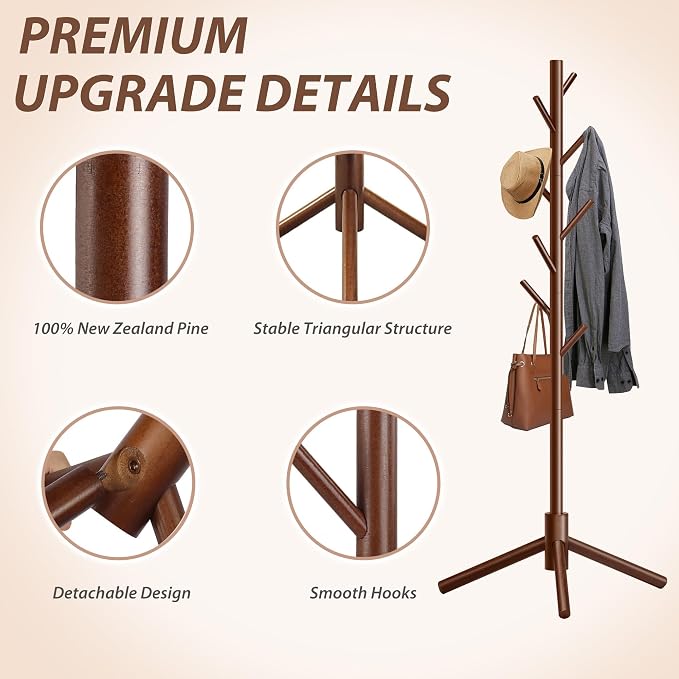 Unisakey 8-Hook Freestanding Wooden Coat Rack 3 Adjustable Heights Brown | Stable Triangular Base for Safety,Durable Construction,Simple Tool-Free Assembly,Ideal for Bedroom Hallway Office Entryway